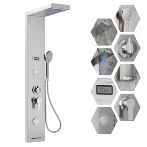GARVEE Elevate Your Shower Experience with the GARVEE 6-in-1 Led Shower Panel Tower System: Rainfall Shower Head, Dual Body Sprays, Handheld Shower, Tub Spout, and Modern Temperature Display in Brushed Stainless Steel.
