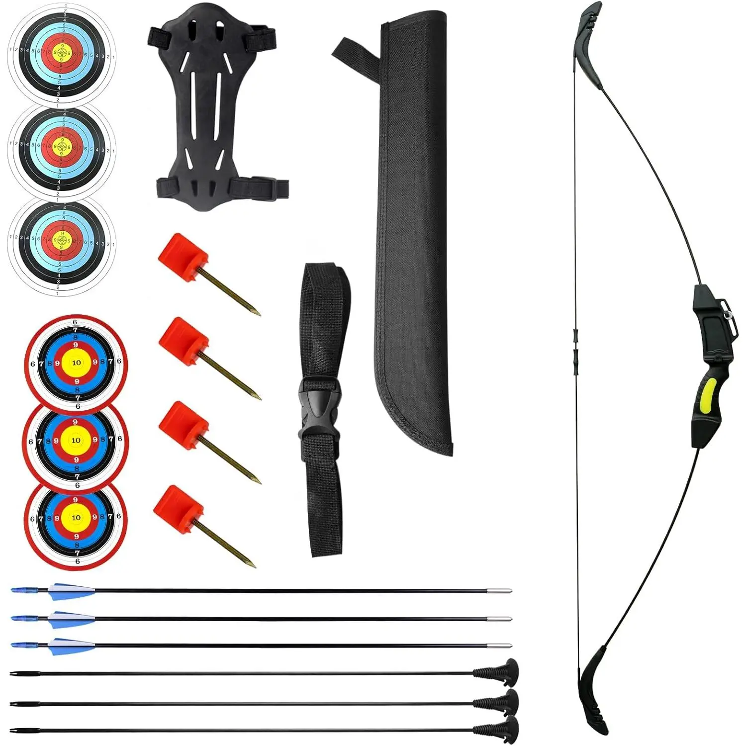 Youth Archery Bow and Arrow Kit, Adjustable 13/15/18 LBS, Fiberglass Arrows with Suckers, Resin Bow, 1 Rubber Arm Guard for Beginner Hobby Target Shooting, Targets, Fiberglass Limbs, Beginner Practice, 1 Arrow Quiver