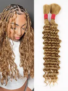 Blonde Human Braiding Hair for Boho Braids, Deep Wave 16-28 Inch, 100g 2 Bundles, Bulk Human Hair, No Weft, 10a Curly Extensions