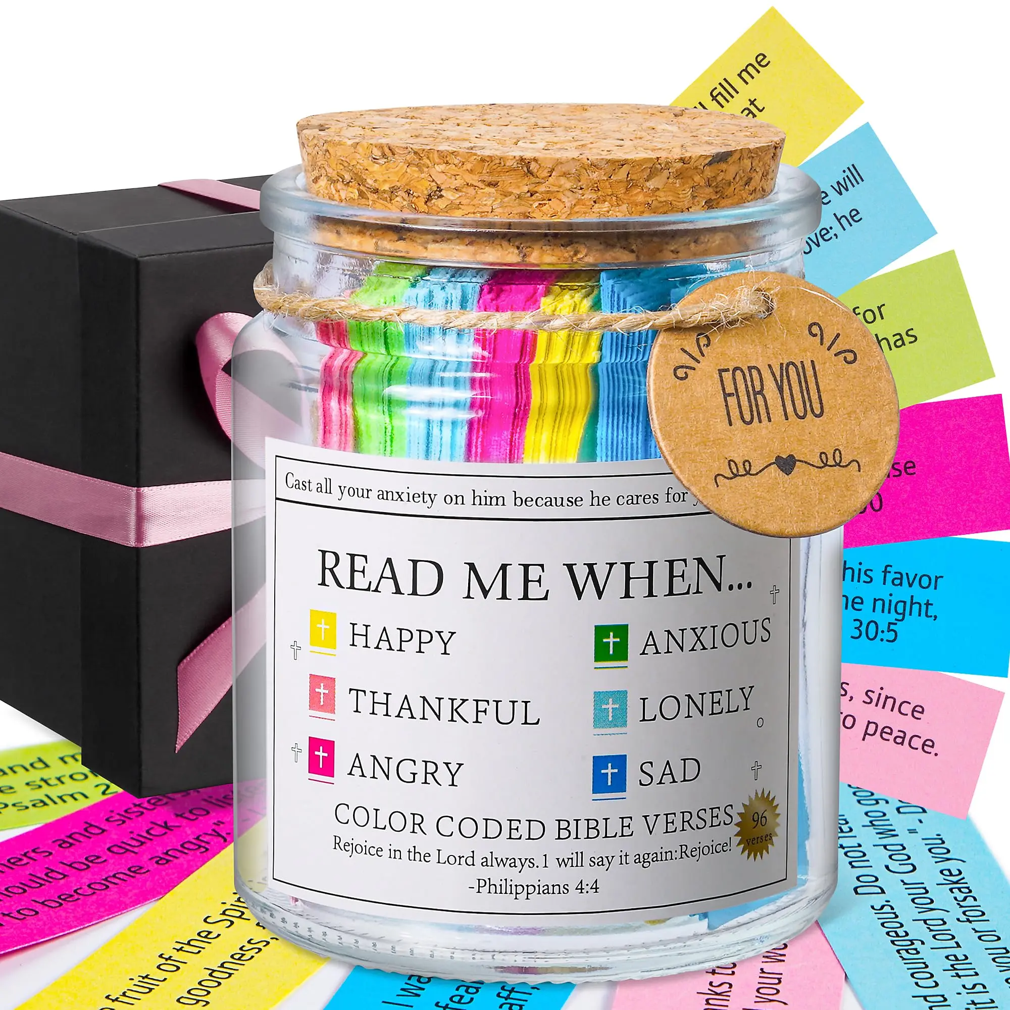 Bible Verse Jar, Read Me When Bible Verses Jar for Daily Encouragement - Christian Gifts for Women, Mothers Day Gift for Mom, Birthday Gifts, Graduation Gift, Prayer Cards With A 48-inch Ribbon Bow