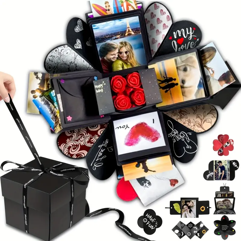 Explosion Trap Surprise Album Gift Box, DIY Love Heart Commemorative Scrapbook Photo Box, Suitable for Birthday, Anniversary, Wedding, Christmas, Halloween Or Valentine's Day Surprise Gift (Black)