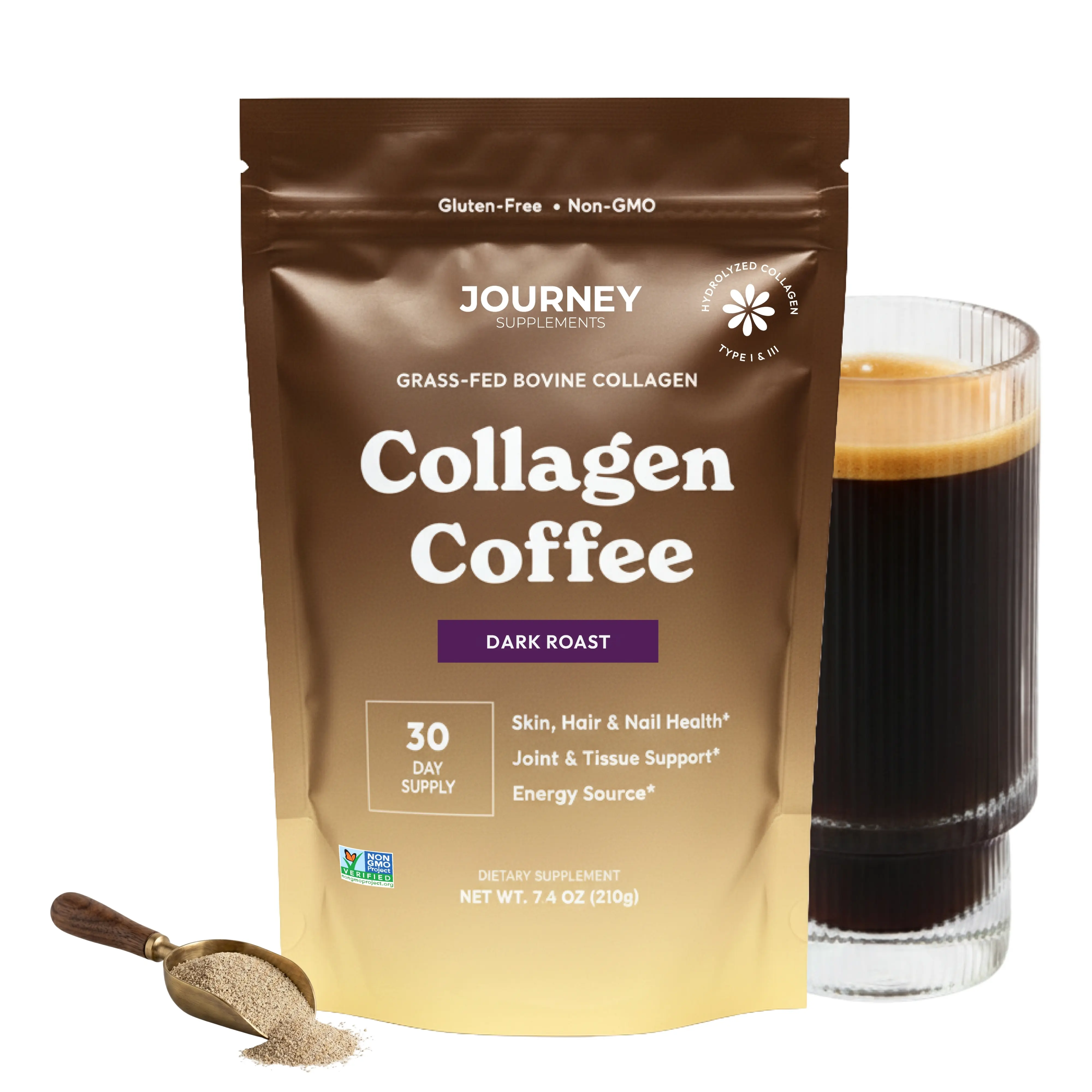 Collagen Coffee Dark Roast – 5 g Bovine Hydrolyzed Collagen + Instant Coffee Blend, Supports Skin Hair & Nail Health, Joint & Tissue Support, Energy & Vitality* – Dark Roast Coffee - 30 Servings