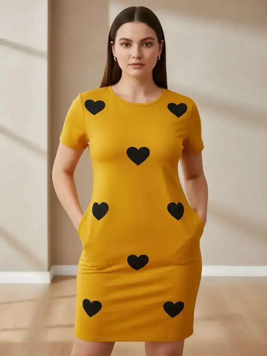 Women's Heart Print Short Sleeve Tee Dress, Casual Round Neck T-shirt Dress for Daily Wear, Ladies Clothes for All Seasons, Summer Casual Wear, Bodycon Smooth Dress