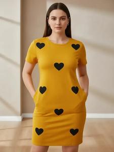 women's heart print short sleeve tee dress, casual round neck t-shirt dress for daily wear, ladies clothes for all seasons