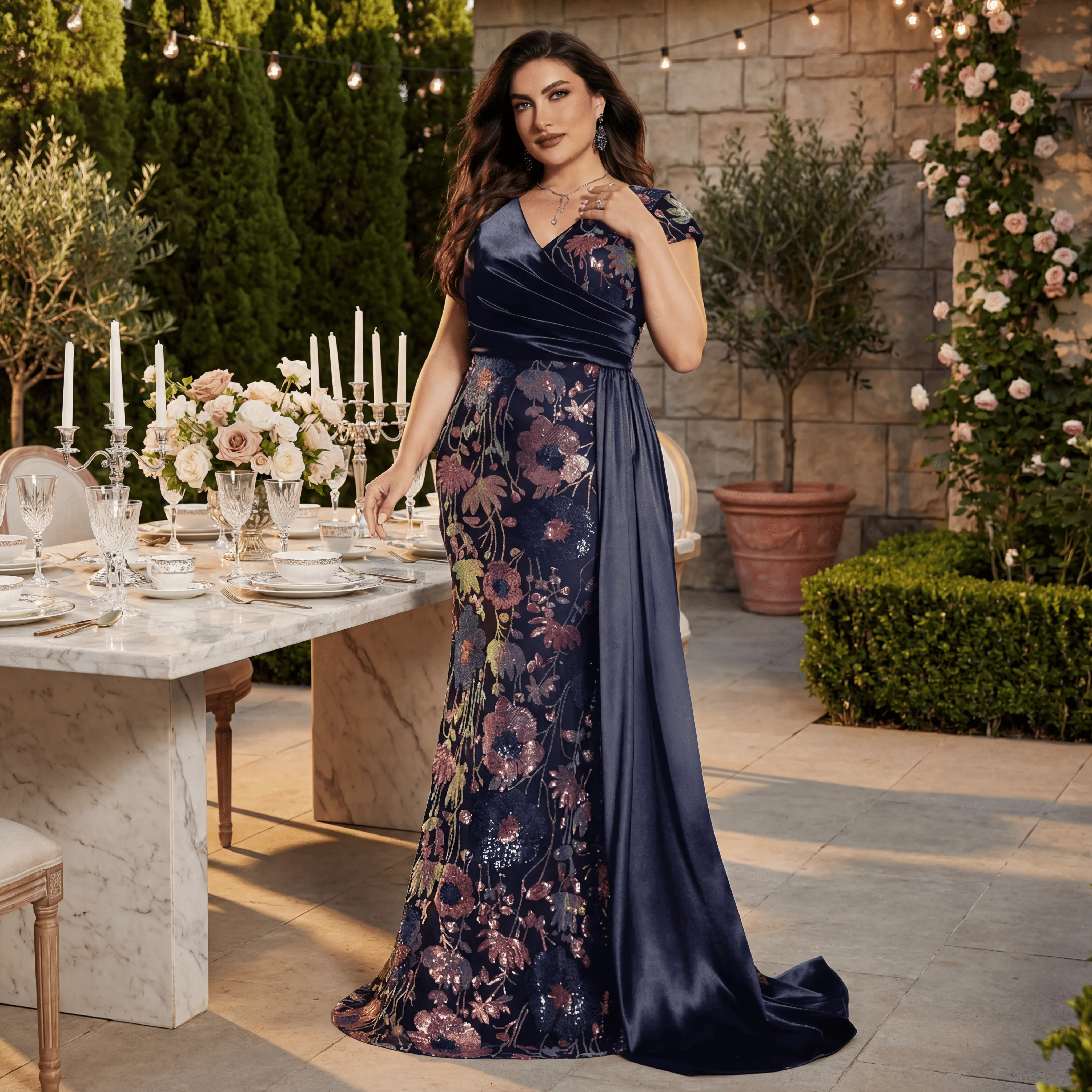 Plus Size High Quality Colorful Embroidered Sequin Spliced Slim Fit Cap Sleeve Luxury Evening Gown for Mother of the Bride and Bride