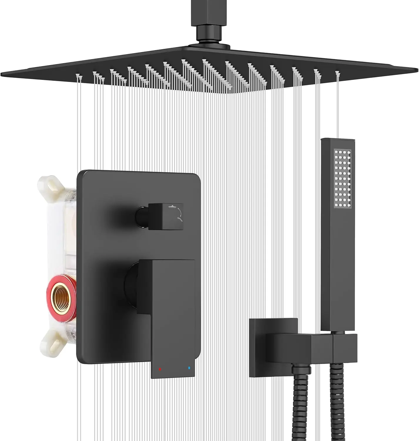 10 Inch Black Ceiling Mount Shower System with Handheld Spray - High Pressure Rain Shower Head & Faucet, Function Controls, Rough-in Valve & Trim Kit Suitable for Bathroom, Modern Ceiling-Mounted Shower Fixture