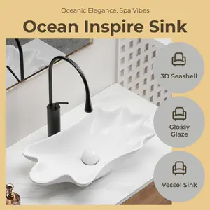 Marevia Elegant Ocean-Inspired 3D Seashell Vessel Sink 24.4" x 13" White Ceramic Above Counter Basin with Glossy Glaze & Pre-Installed Drain for Spa-Like Aesthetic