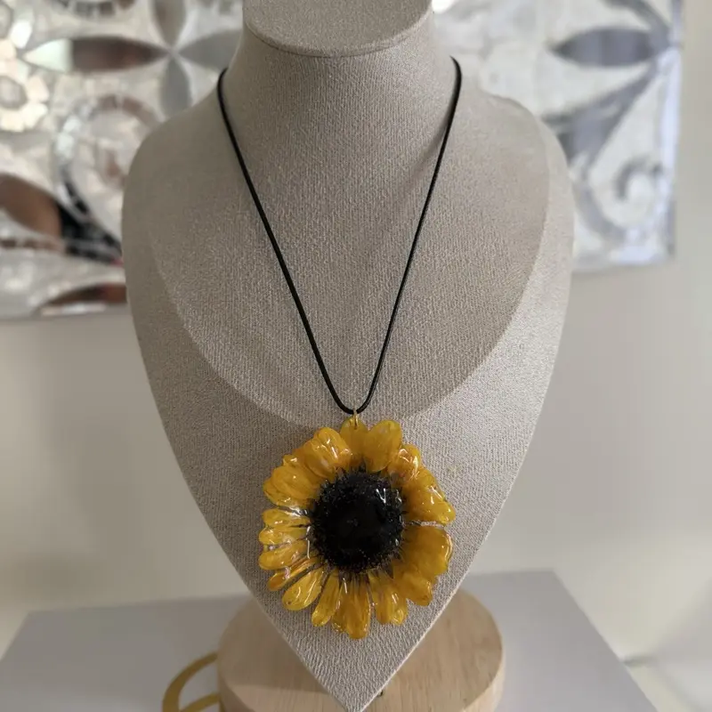 Real Sunflower Necklace Preserved in Resin - Yellow Floral Design with Black Center