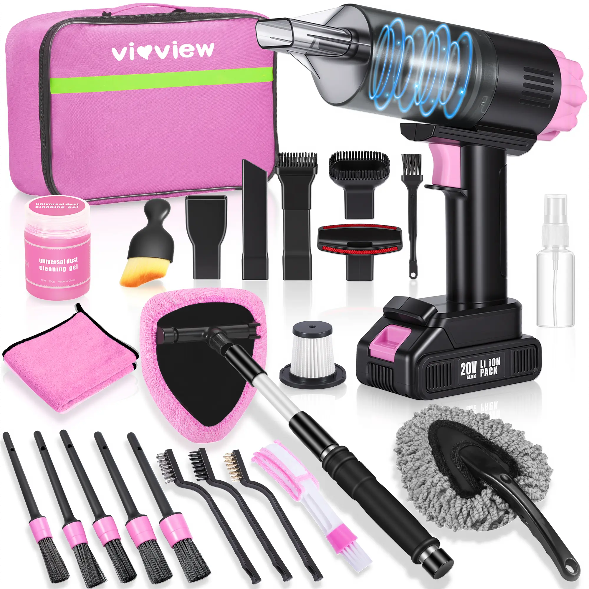 【TikTokShopBackToSchool】Pink Car Cleaning Kit, Interior Detailing Kit with 20000PA High Power Handheld Vacuum Cordless, Windshield Cleaner, Cleaning Gel, Professional Car Accessories for Car, Home, Office, Camping, Ideal Gifts for Men & Women，Summervibes