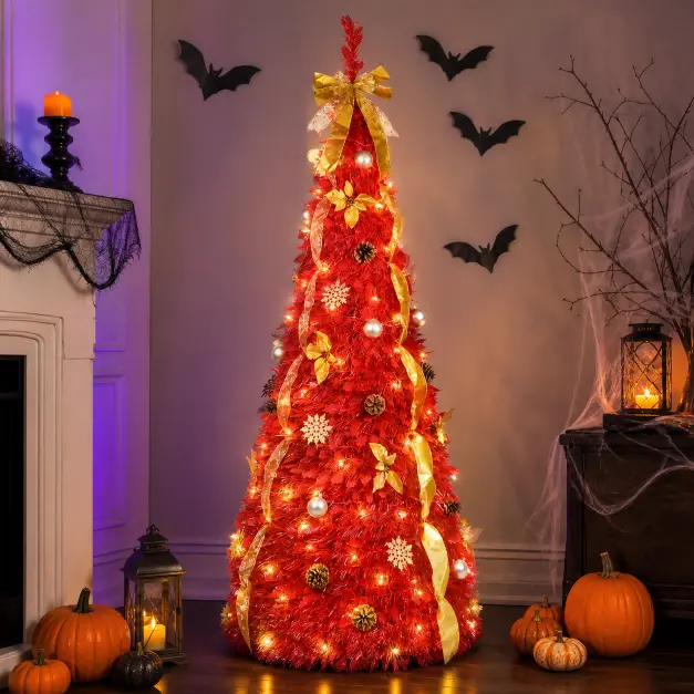Halloween Decor 6 ft Red Pre-Lit Pop-Up Christmas Tree, Foldable Pre-Decorated Holiday Tree with 200 Warm White Lights, Gold Bow Ribbons, Ball Ornaments, Snowflakes and Pine Cones