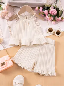 Girls' Summer Vest Set, Plain Striped Sleeveless Pleated Ruffle Design, Thin Woven Fabric Casual Fitted Regular Length Top & Shorts