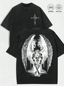 Vintage Acid Washed Black Oversized Gothic Streetwear T-Shirt with Angel vs Demon "Good vs Evil" Art, Blackwork Grunge Aesthetic 100% Cotton Unisex Tee