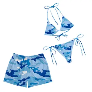 Matching Couple Leopard Print Bikini and Board Shorts Set, Light Blue Camo Beach Swimwear Honeymoon Outfit, Couple Beachwear