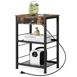 Nightstand with Charging Station and USB Ports Industrial End Table with Metal Storage Shelf 3 Tier Bedside Table for Small Spaces