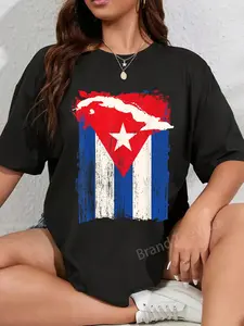 100% Cotton Unisex Cuba Flag Cuban Heritage Month Country Map Island Graphic T-Shirt Vingate Printed Casual Round Neck T shirt