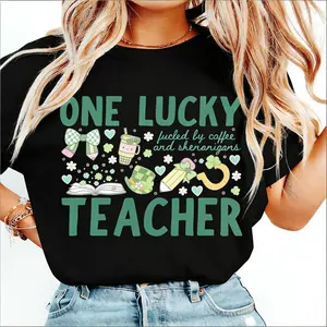 Comfort Colors One Lucky Teacher St Patricks TShirt: 'Fueled By Coffee and Shenanigans' Tee