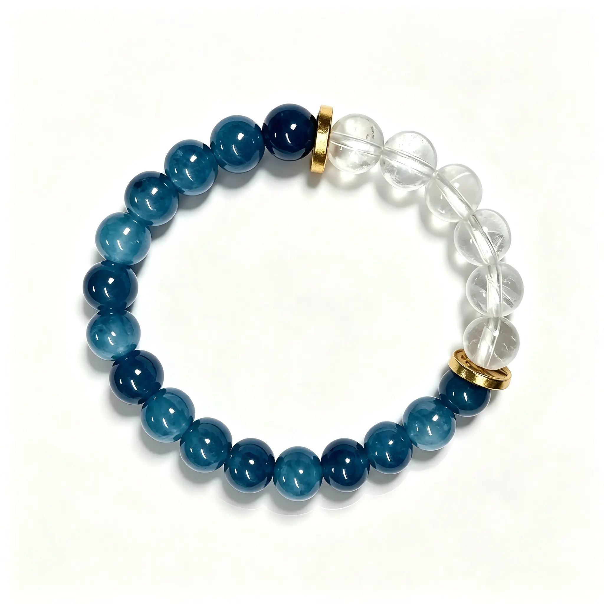 Original Design Oriental Bracelet Blue Grey Jade & Clear Quartz Beads 18K Gold Plated Decor Unisex