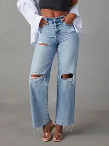 Playful Distressed Straight Leg Jeans with Pockets