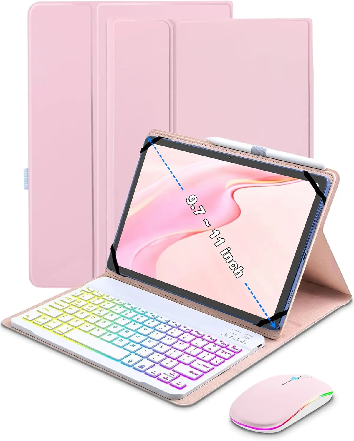 Universal Tablet Keyboard Case for 9.7",10.1",10.2",10.5",10.9",11" iPad Samsung Fire Pixel Android 10.1 inch Tablets, 7 Color Rainbow Backlit Removable Keypad with Pen Holder(Black) +Mouse