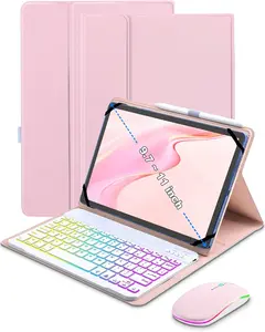 Universal Tablet Keyboard Case for 9.7",10.1",10.2",10.5",10.9",11" iPad Samsung Fire Pixel Android 10.1 inch Tablets, 7 Color Rainbow Backlit Removable Keypad with Pen Holder(Black) +Mouse