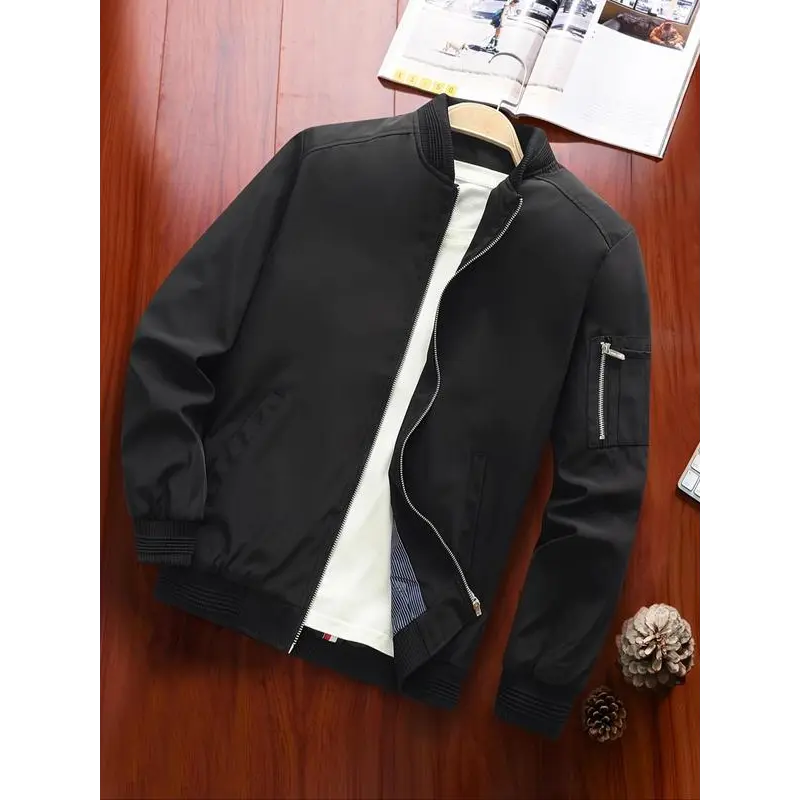 Men's Zipper Pocket Baseball Collar Varsity Jacket, Bomber Jacket Coat, Regular 2024 Mens Casual Solid Color Going Out Outfit, Men's Streetwear Outerwear for Fall & Winter, Clothes