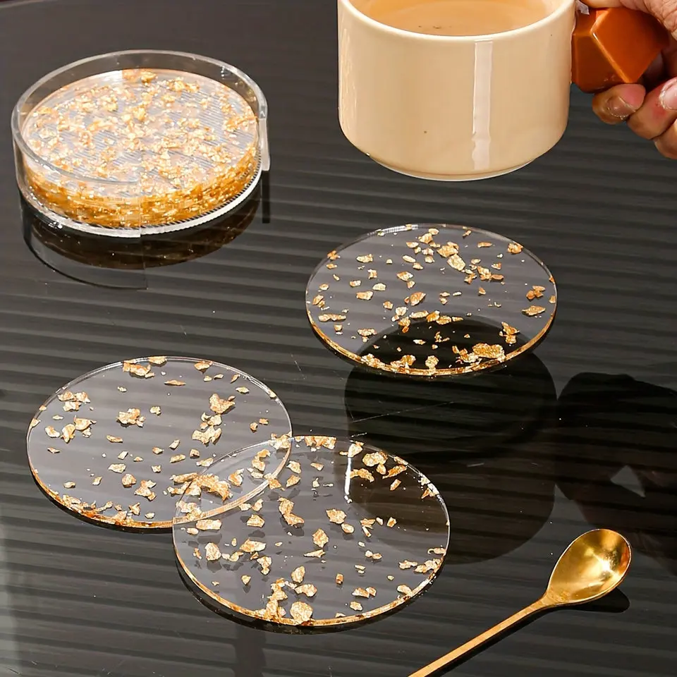 Elegant Golden Foil Acrylic Coaster Set with Convenient Storage Cover