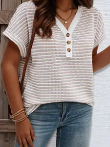 【Plus Size】 Striped Print V Neck Tee, Casual Short Sleeve T-shirt for Daily Wear, Women Clothing for All Seasons