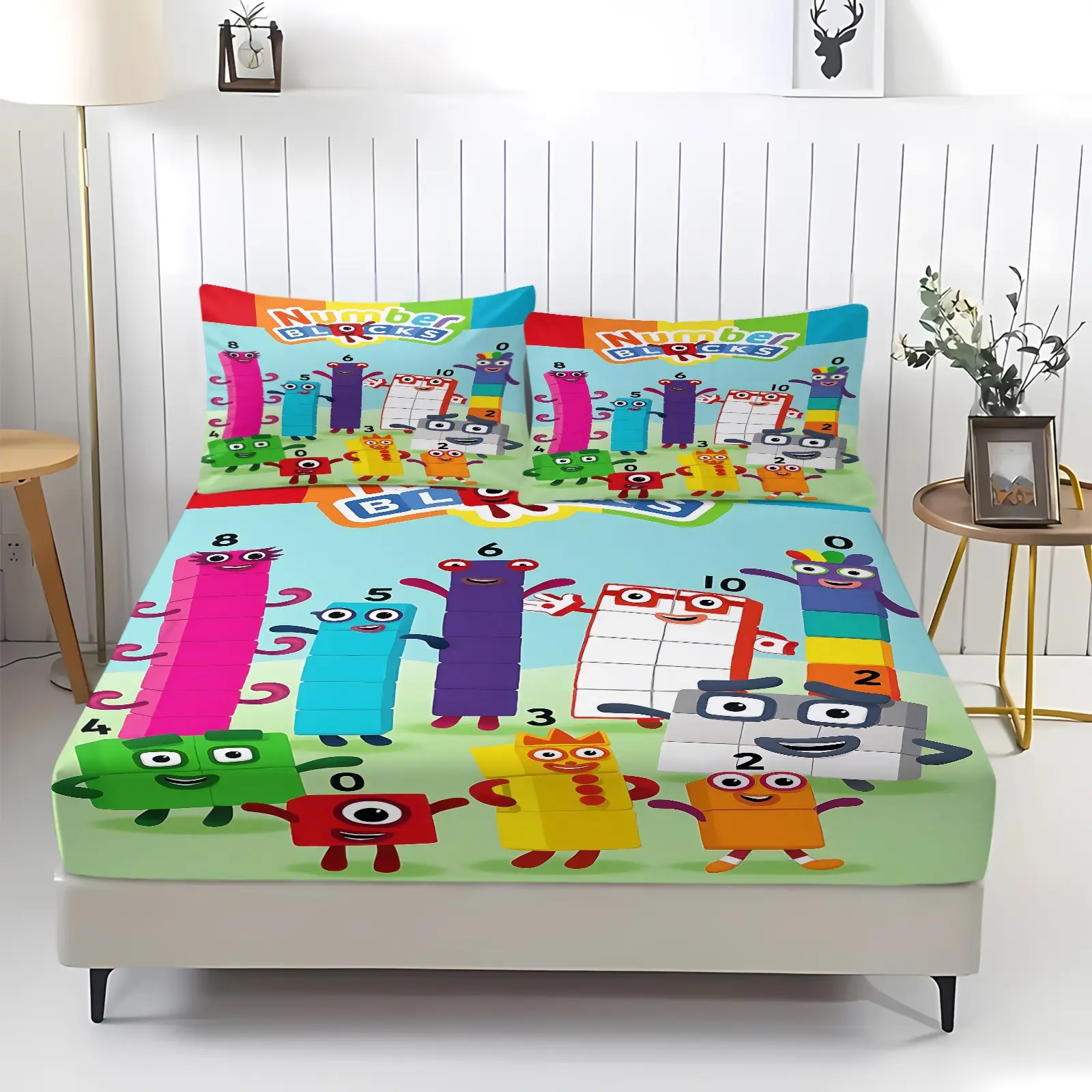 Christmas Polyester bedding set with colorful number block print fitted sheets and pillowcases, a perfect choice for cozy bedding, travel, home décor, and unique holiday gifts, Cartoon printed bedding bed linens