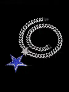 Men's Punk Asymmetrical Cuban Link Design Star Pendant Necklace, Blue Rhinestone Five-Pointed Star Pendant with Charm, All Season Jewelry Gift