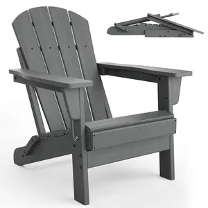Folding Adirondack Courtyard Chair - Weather resistant HDPE, 380 pound capacity, foldable and durable, wood grain texture, perfect for decks, lawns, gardens, backyards, fire pits, black