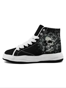 Women's Floral & Skull Print Lace Up High Top Canvas Sneakers, Fashionable Skull Pattern Shoes for Daily Wear, Casual Comfortable Sports Shoes for Women & Girls