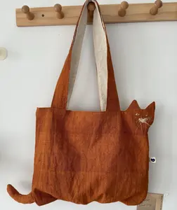 Embroidered Orange Cat Tote Bag: Organic Cotton Kitty Shoulder Bag