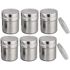 6PCS Stainless Steel Powder Sugar Shakers - Ideal for Cocoa, Cinnamon & Coffee Dusting, with Even Dispersion Mesh Screen, Perfect for Home & Restaurant Use