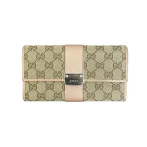 Pre-owned GUCCI canvas WALLET Classic GG Monogram & Leather Long Snap Button Clutch with Silver Logo Buckle and Light Pink Leather Accents