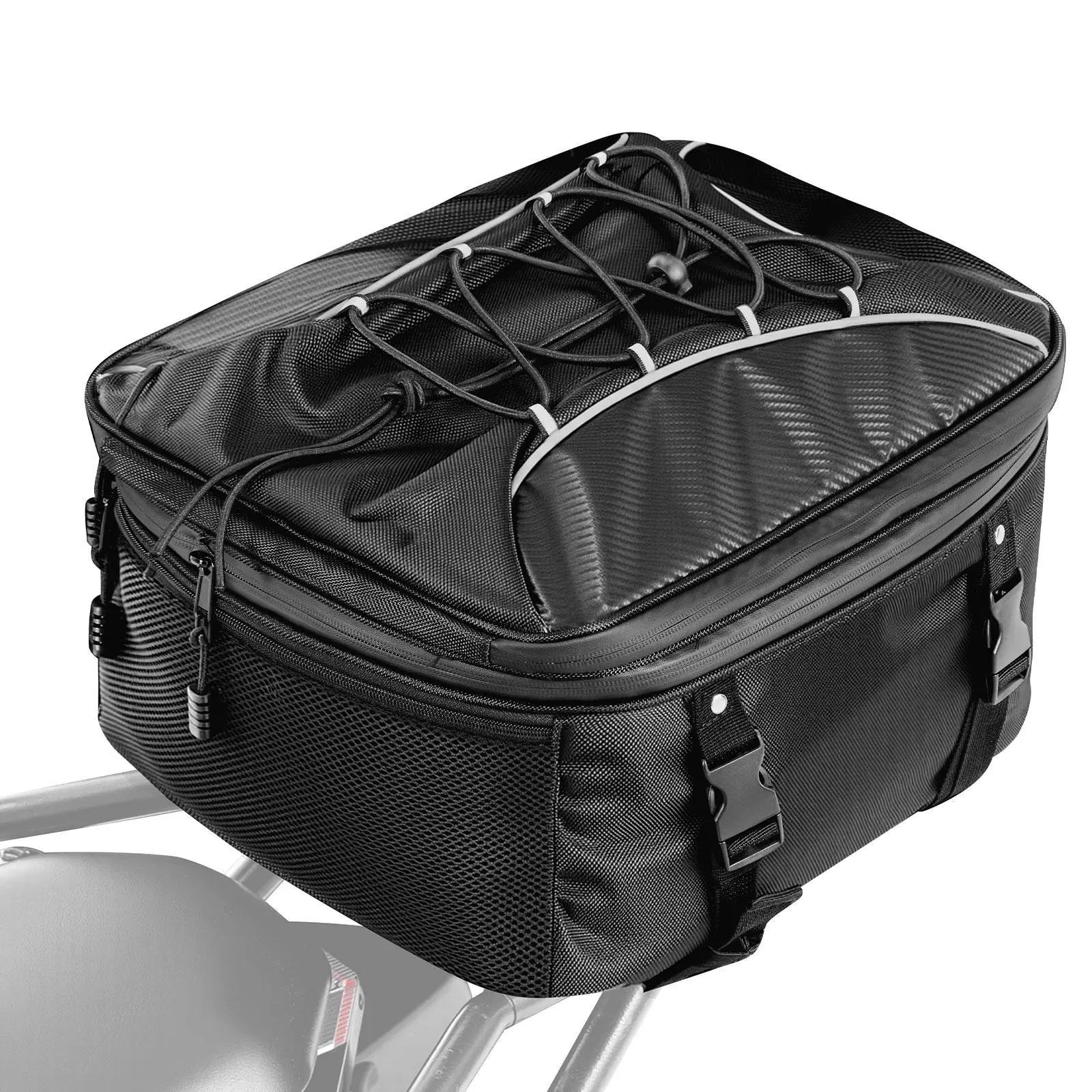 VEVOR Motorcycle Tail Bag Motorcycle Accessory, 22-34L Expandable Nylon+Leather Rear Seat Bag with Waterproof Rain Cover, Strap Mount for Most Bikes, Outdoor Rides Luggage with Straps, Pocket & Elastic Cord, Black#BackToSchool