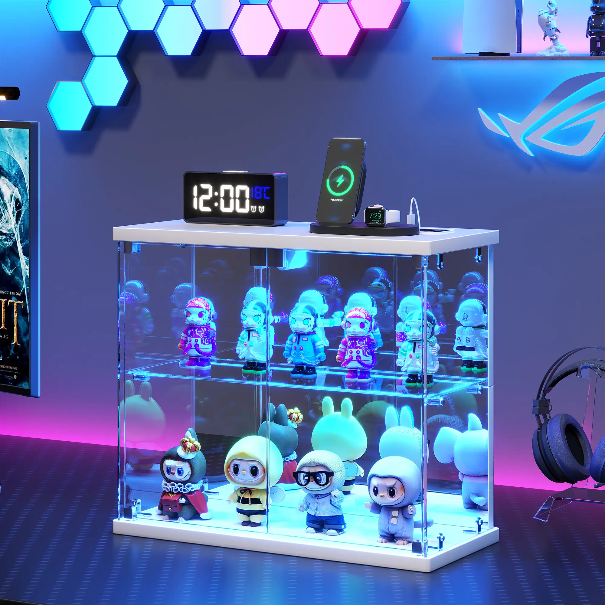 FREDEES Lighted Clear Glass Display Case - for Figures & Collectibles, Small 2-Tier Display Cabinet with Charging Station, LED Display Box with Lights & Human Sensor, for Model Car, Perfume, Pink
