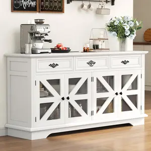 Garvee 63" Farmhouse Buffet Cabinet with Storage, Sideboard Cabinet with Adjustable Shelves, Charging Station, 3 Drawers & 4 Mesh Barn Doors, Large Coffee Bar Accent Credenza for Dining Living Room- White