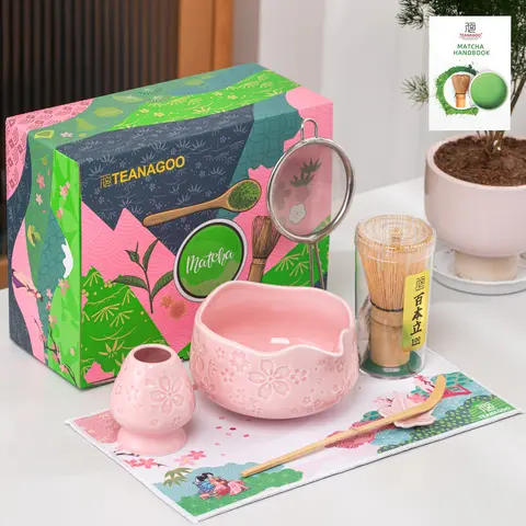 TEANAGOO 7-PCS Pink Matcha Whisk Set with Cherry Blossom Design, Complete Ceremony Kit, Ceramic Chawan Bowl with Spout, Whisk & Accessories, Traditional Matcha Tea Set for Lattes& Gift Giving