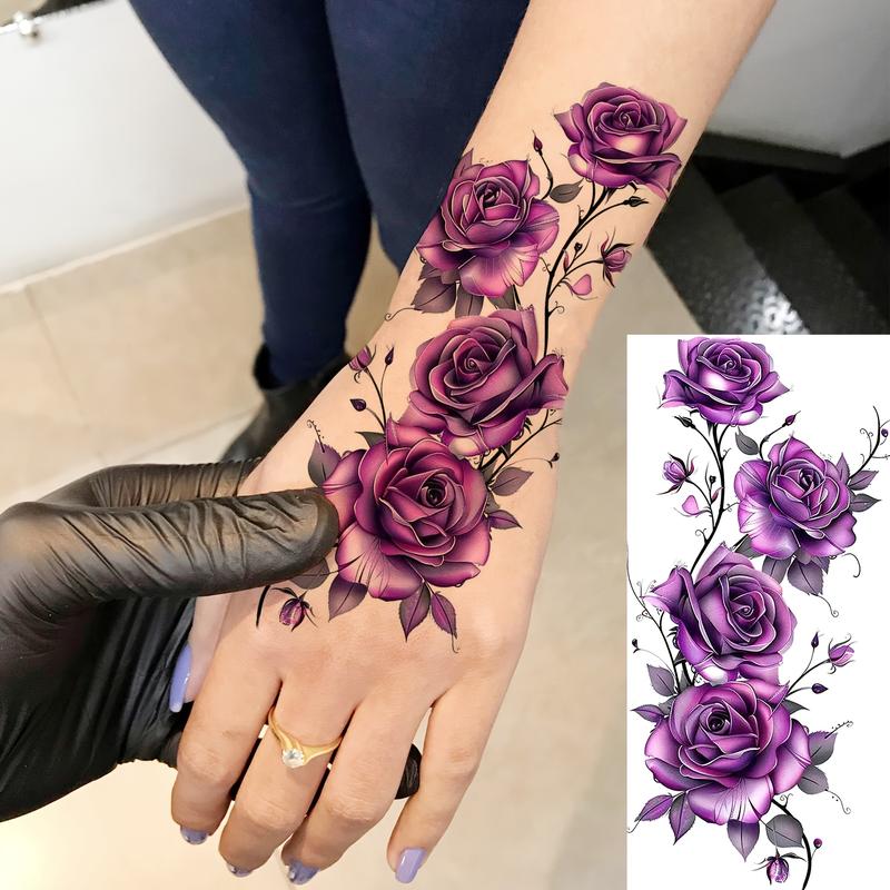 Rose Temporary Tattoos Bundle - 6 Pre-Packaged Assorted Nontoxic Unscented Solid PVC Glitter Stickers (3 Fixed, 3 Random, Normal Waterproof Butterfly Designs) for Children & Adults, Party Favors, Casual Styling, Suitable for Face, Fingers, Ankles, Ears