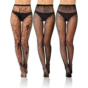 Women Fishnet Stocking Tight Skull Spider Web Legging Tight Small Hole Pattern High Pantyhose Waist Lace Womenswear Butterfly Checkered Dragon Floral Grid Leopard Stripes Style Black