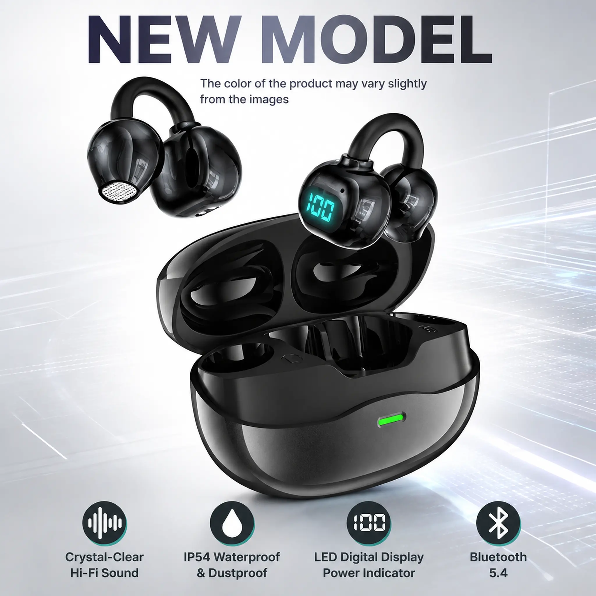 Open Ear Wireless Earbuds with Ear Hooks, Bluetooth Sports Headphones with Digital Battery Display, Comfortable Clip-On Earbuds for Running, Gym, Work, College, Travel & Daily Use, Compatible with iPhone & Android