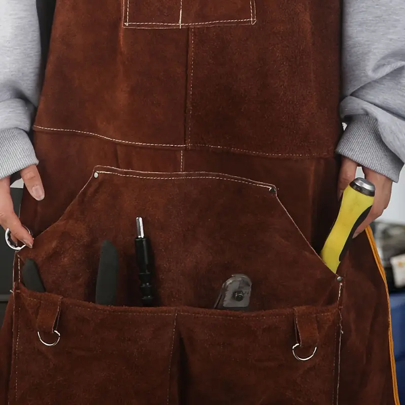 Durable Cowhide Leather Welding Apron, Heat Resistant Flame Retardant Work Apron with Pockets for Electric Welding and Labor Protection - 90% Leather, 10% Acrylic