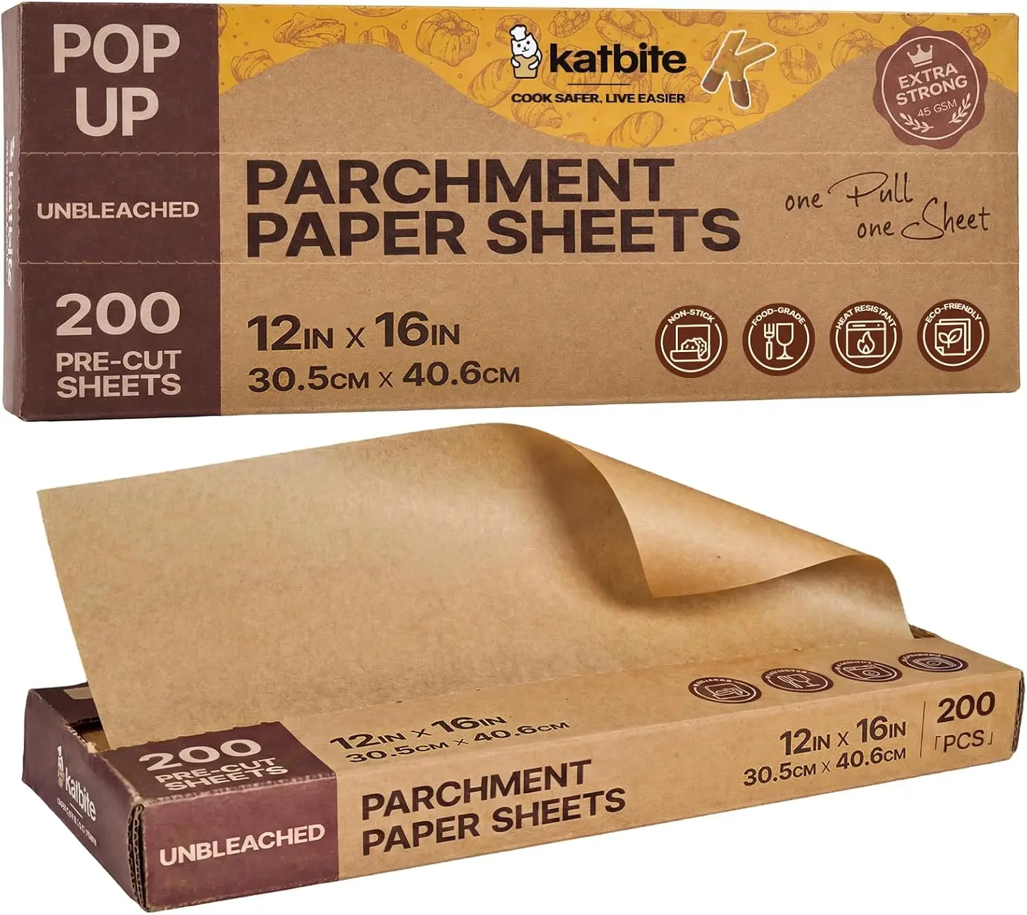 Katbite Parchment Paper Sheets, 200-Count 12 x 16-Inch Precut Unbleached Baking Paper