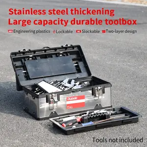 OUDISI 1 Heavy-Duty Stainless Steel Tool Box Multi-Functional Two-Tier Portable Storage Case Waterproof and Shock-Resistant Construction Ideal for Storing Household Hardware, Pliers, Wrenches, Screwdrivers, and Automotive Repair Tools Home Tool Box