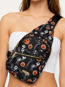 Funny Halloween Skull Pumpkin Crossbody Bag, Large Capacity Multi-Layer Rhombus Embroidered Phone Bag, Women's Shoulder Bag