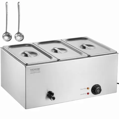 VEVOR 3-Pan Commercial Food Warmer - 17.4 QT 1200W Corded Electric Steam Table, Stainless Steel Countertop Bain Marie, 86-185°F Temp Control, Household/Kitchen Appliances with 3 Pans at Once, Anti-Dry-Burn Auto Cut-Off for Serving Soups Sauces Stews