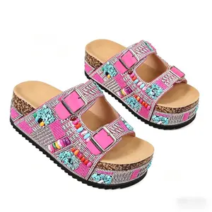 Womens Pink Boho Beaded Rhinestone Platform Slide Sandals, Colorful Embellished Two Strap Buckle Flat Sandals, Comfort Summer Beach & Casual Footwear