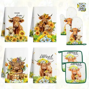 8 PCS Highland Cow Kitchen Decor and Accessories 4 Dish Towels 2 Oven Mitts and Pot Holders Sets for Cooking Baking Home Sweet Home Sunflower Cattle Watercolor Farmhome