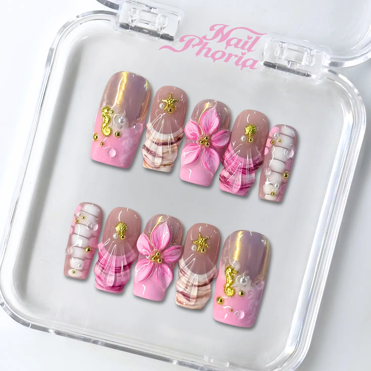 NailPhoria CORAL HEART -SUMMER Handmade Press-On Nails | Reusable, Salon-Quality, Long-Lasting, Glossy Design