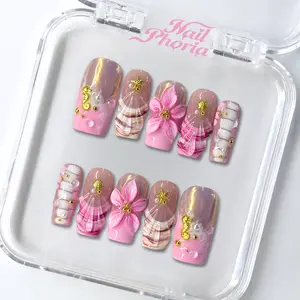 NailPhoria CORAL HEART -SUMMER Handmade Press-On Nails | Reusable, Salon-Quality, Long-Lasting, Glossy Design